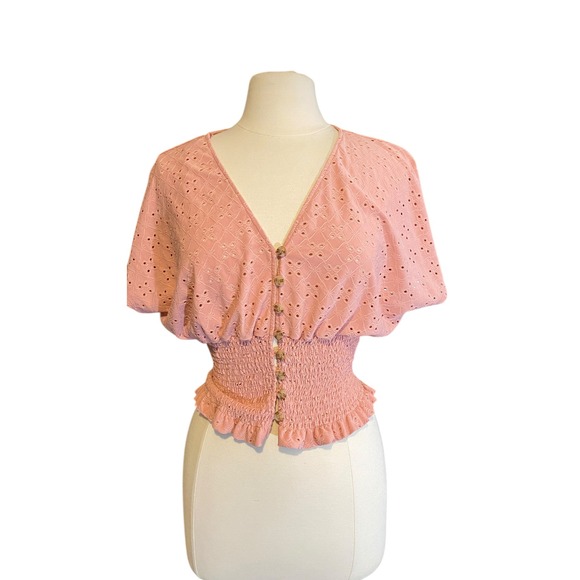 LOVE J Pink Eyelet Smocked Waist Flutter Sleeve V-Neck Cottagecore Women's Large - Picture 1 of 6